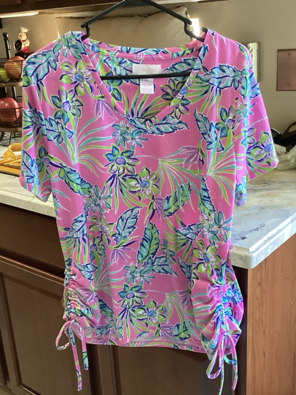 Pink Floral V-Neck Short Sleeve Tunic with Side Ruched Ties 24” L